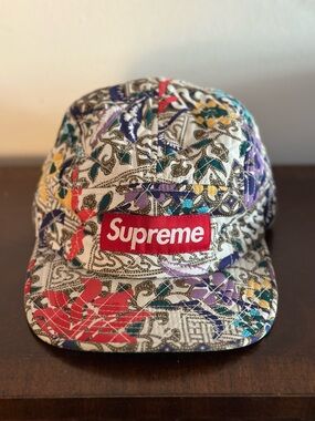 Supreme Red Logo Floral Bandana Camp Cap - White Base with Multicolor Print